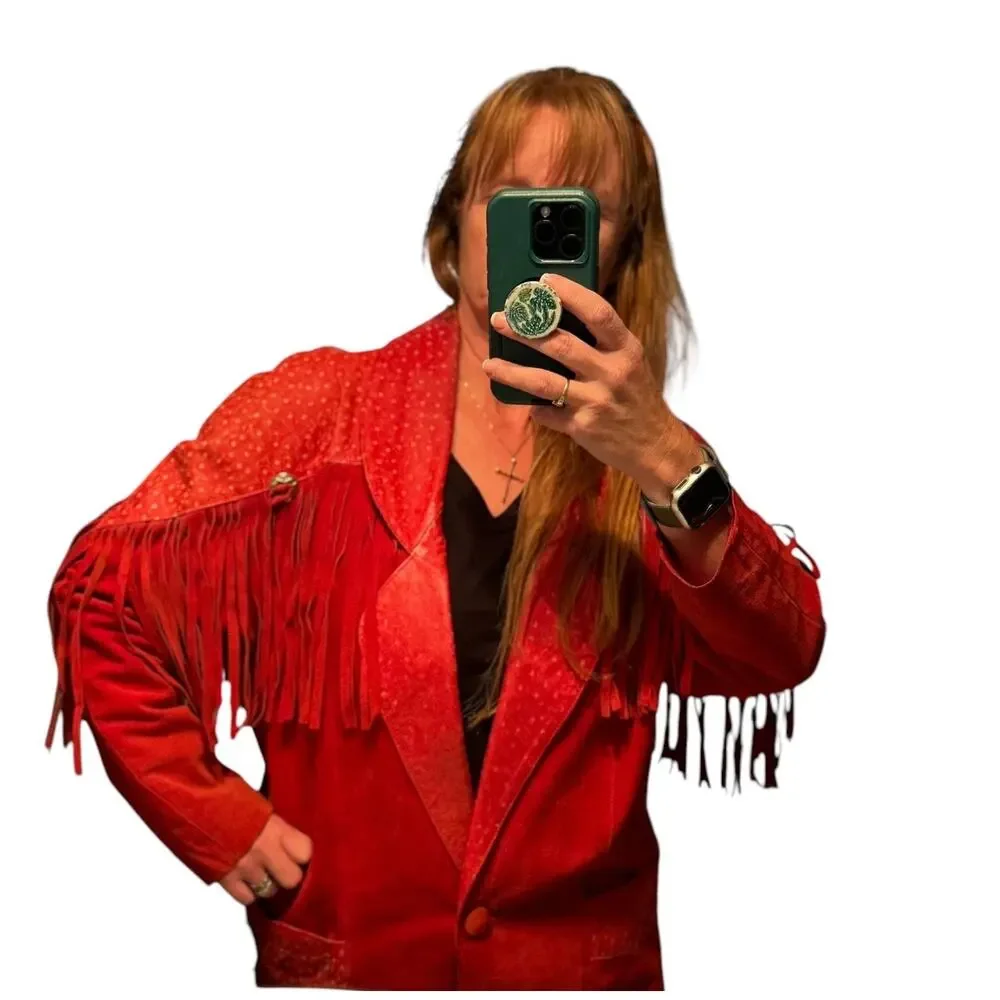 Vintage 1980s Avanti Red Suede Western Fringe Frontier Leather Coat medium - Picture 15 of 16